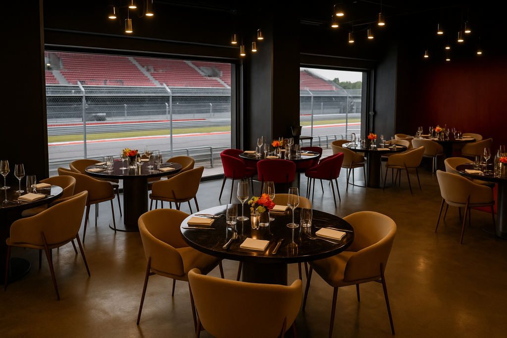 Luxury F1 hospitality suite with elegant dining tables overlooking the Formula 1 circuit, offering premium race views and gourmet experiences.