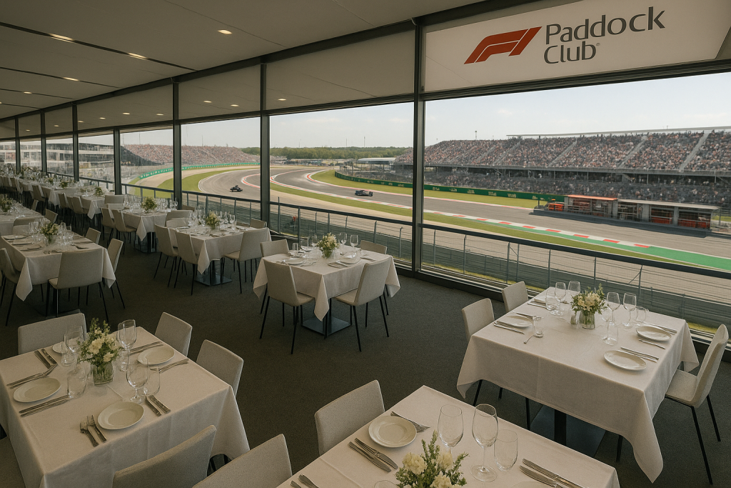 A luxurious F1 hospitality suite overlooking a Formula 1 racetrack.