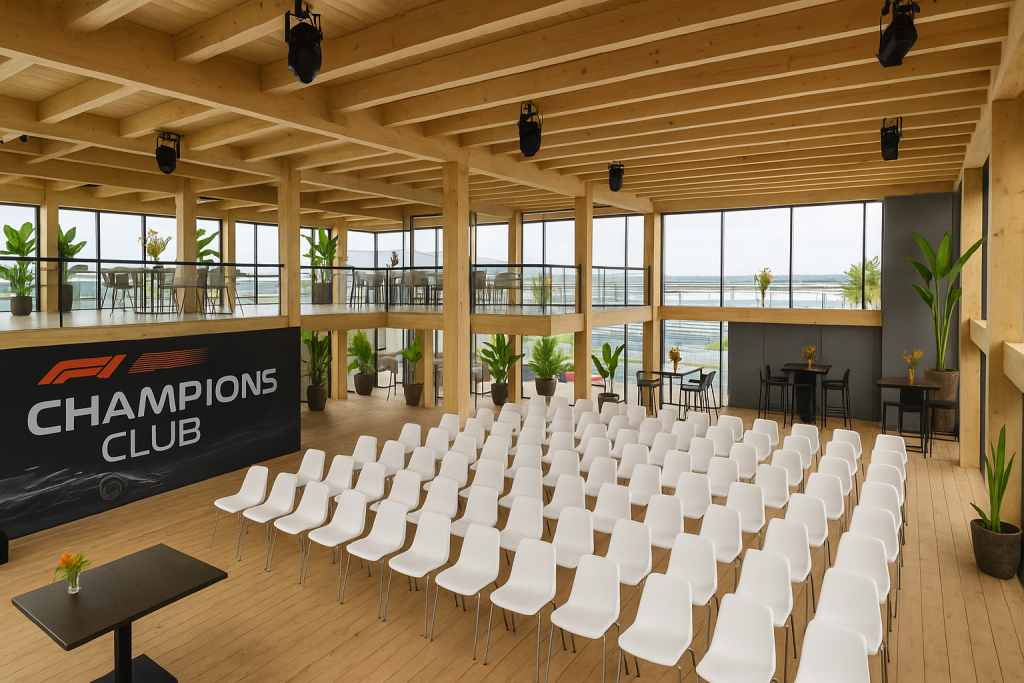 F1 hospitality lounge with modern seating and tables, overlooking the racetrack, featuring a spacious wooden interior and stylish decoration.