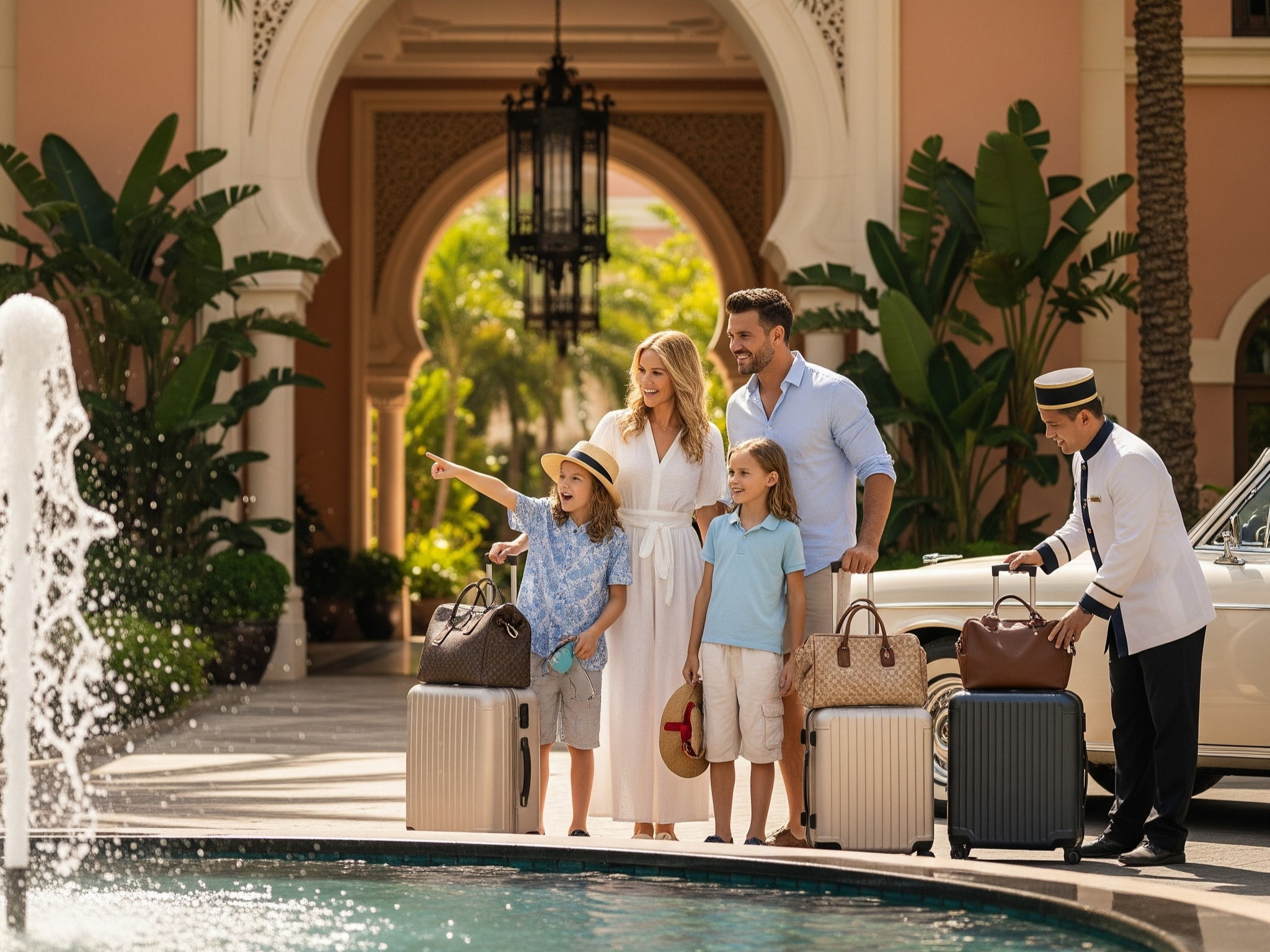 A happy family, consisting of a mother, father, and two children, stands with their luggage at the grand entrance of a luxurious, ornate hotel, with a bellhop attending to their bags, evoking the excitement of a highly anticipated hotel booking or villa rental for their holiday.