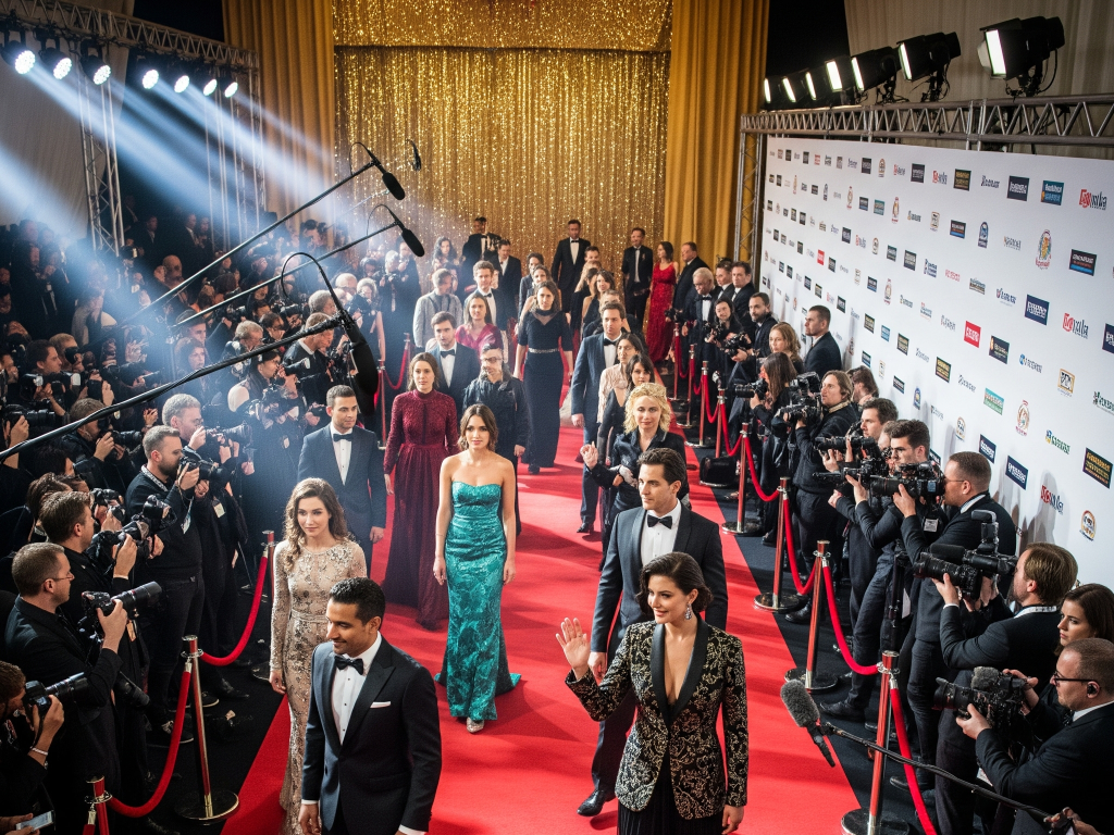 An energetic, elevated view of a red carpet event filled with photographers and well-dressed celebrities, with bright spotlights and a luxurious backdrop, capturing the essence of an exclusive access event.