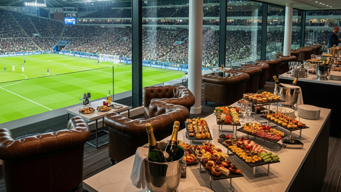 A luxurious VIP lounge overlooking a vibrant football stadium during a match, featuring an extensive buffet of gourmet food and drinks, with plush seating areas, embodying an elite football hospitality experience. 