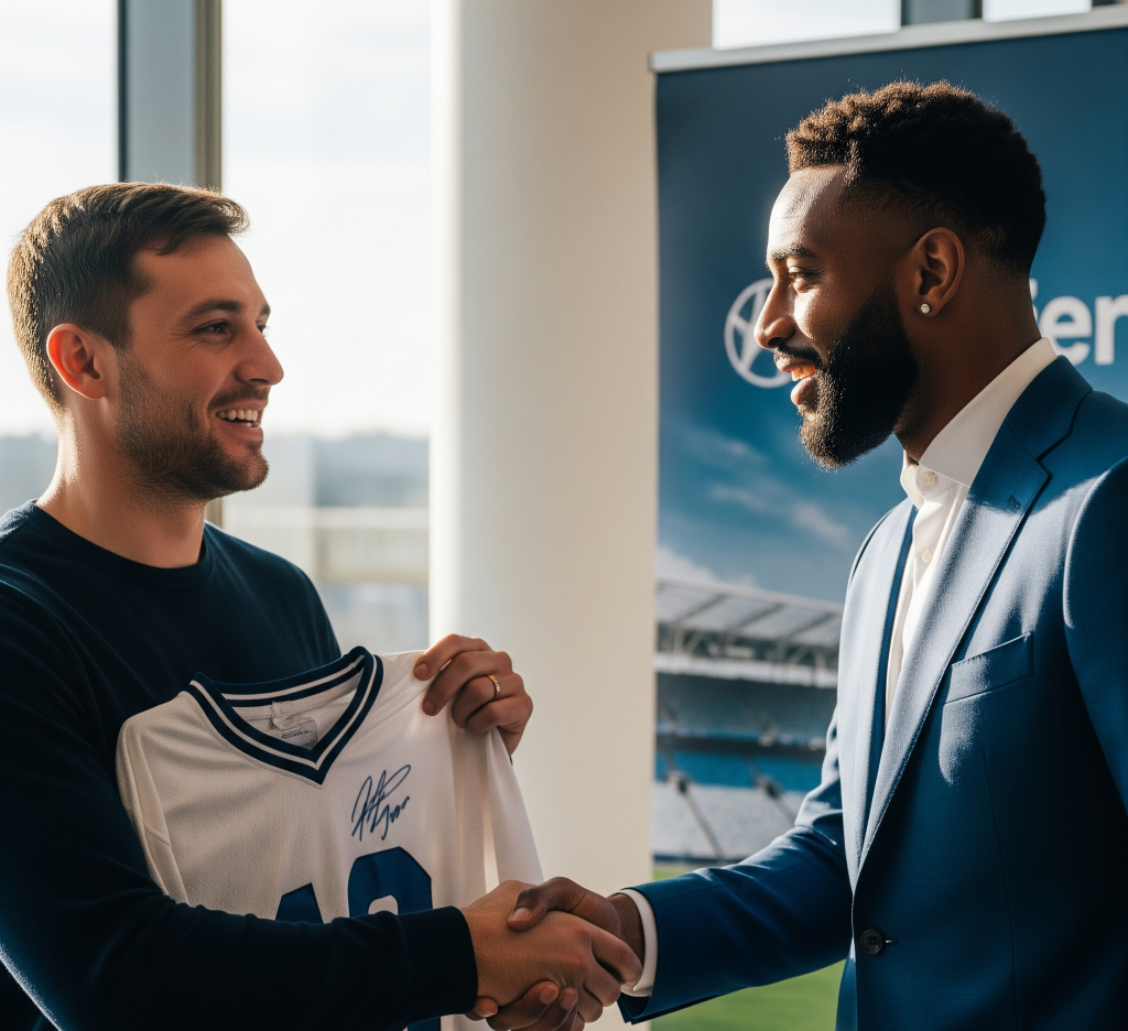 A happy fan shakes hands with a smiling football icon who is wearing a suit, while the fan holds up a signed jersey, all within a bright, modern setting, illustrating a personal moment of football hospitality.