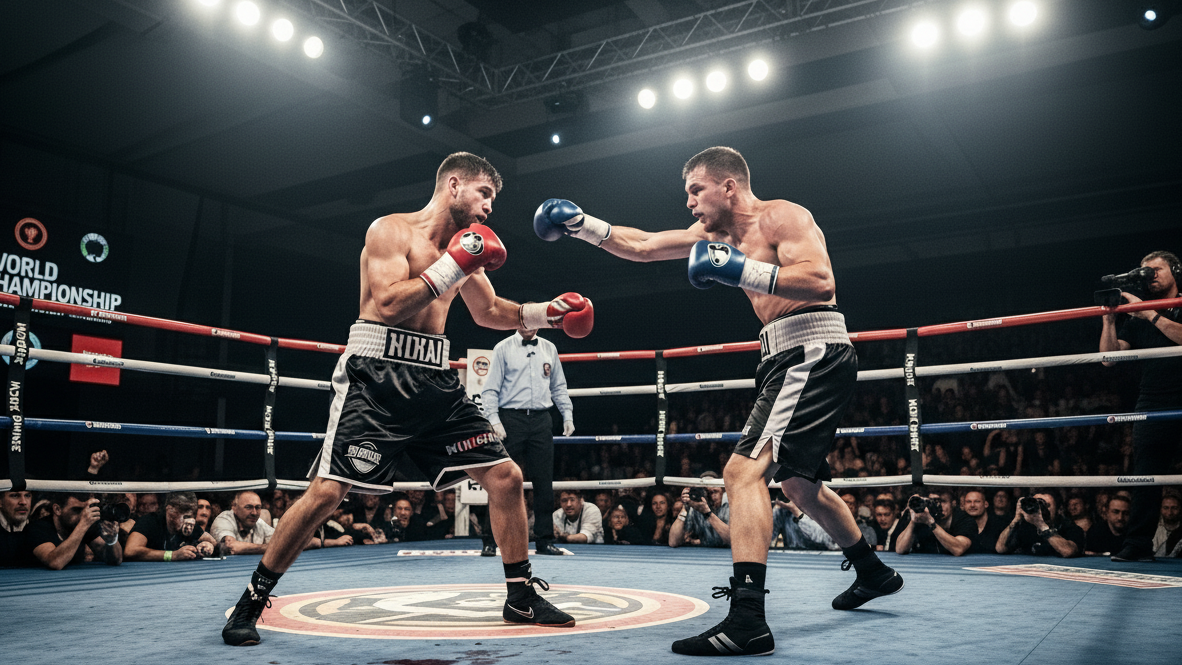 A dynamic horizontal shot of two boxers in a championship ring, intensely focused during a bout, with an enthusiastic crowd and officials ringside, capturing the essence of a premium boxing hospitality experience.