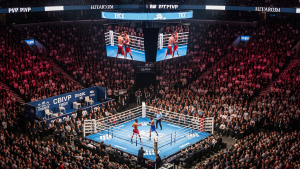 Elevated view of an elite boxing match in a full stadium, emphasizing the intense atmosphere and boxing hospitality.