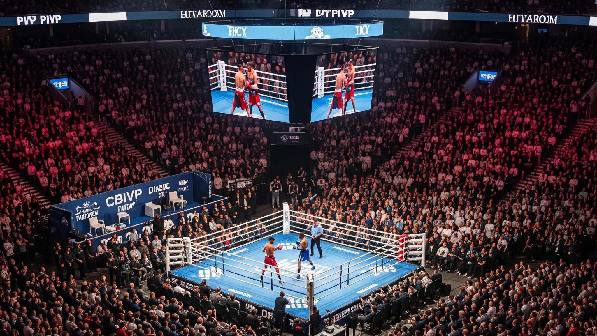 Elevated view of an elite boxing match in a full stadium, emphasizing the intense atmosphere and boxing hospitality.