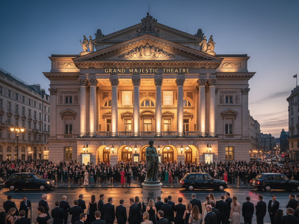 A grand theater exterior, "Grand Majestic Theatre," illuminated at dusk with a large crowd of elegantly dressed people gathered outside, some arriving in luxury cars, indicating an event with exclusive access.