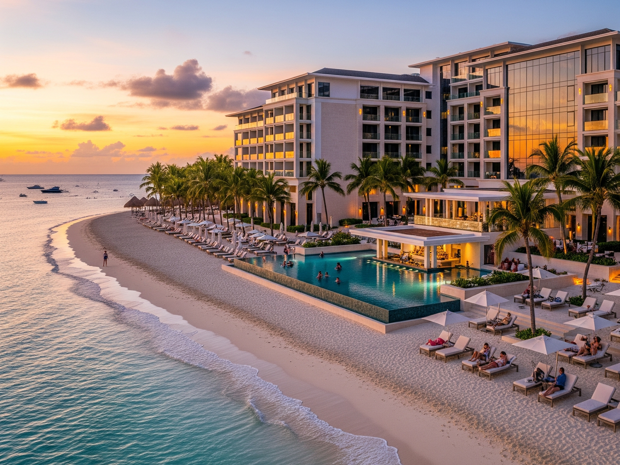 An aerial view of a luxurious beachfront hotel at sunset, featuring multiple stories, a large infinity pool, numerous lounge chairs, and palm trees lining a pristine white sand beach with turquoise waters, perfect for a dream hotel booking.