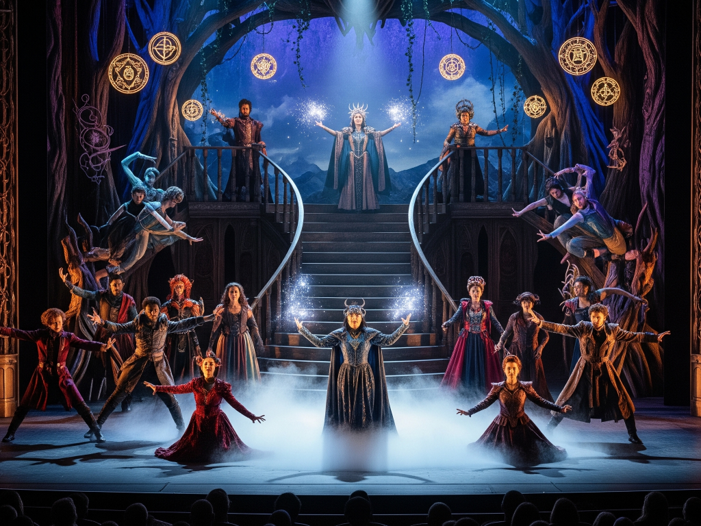 A theatrical stage in the midst of a mesmerizing performance with a dramatic set and lighting, showcasing actors in fantastical costumes, and a captivated audience, providing an exclusive access view of the show.