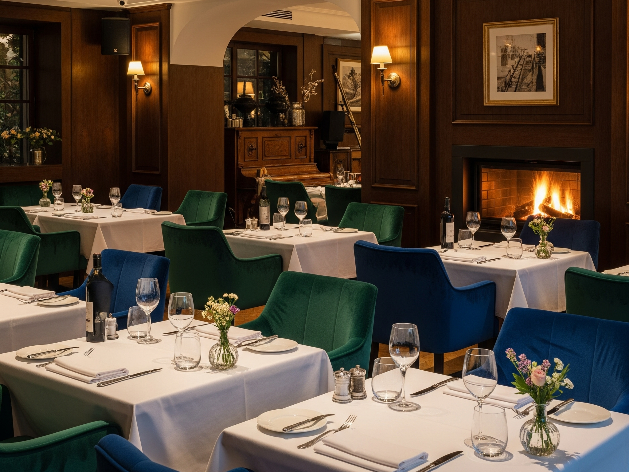 A cozy, premium restaurant interior with warm lighting, featuring an inviting fireplace and elegantly set individual tables with white tablecloths and plush chairs in blue and green, offering a glimpse into an ideal setting for a fine dining in Las Vegas.