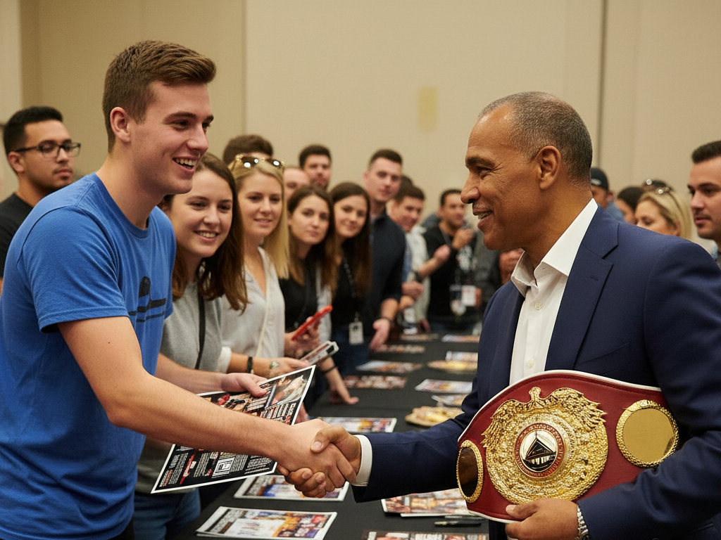 A boxing legend, holding a championship belt, shakes hands with a smiling fan at an event, surrounded by other attendees and memorabilia, highlighting an intimate boxing hospitality experience.