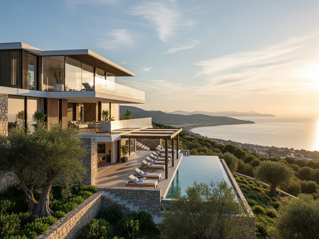 An exclusive, modern villa is perched on a hill overlooking the ocean at sunset, with a stunning infinity pool, large windows, and a sleek design, representing the perfect luxury villa rental.