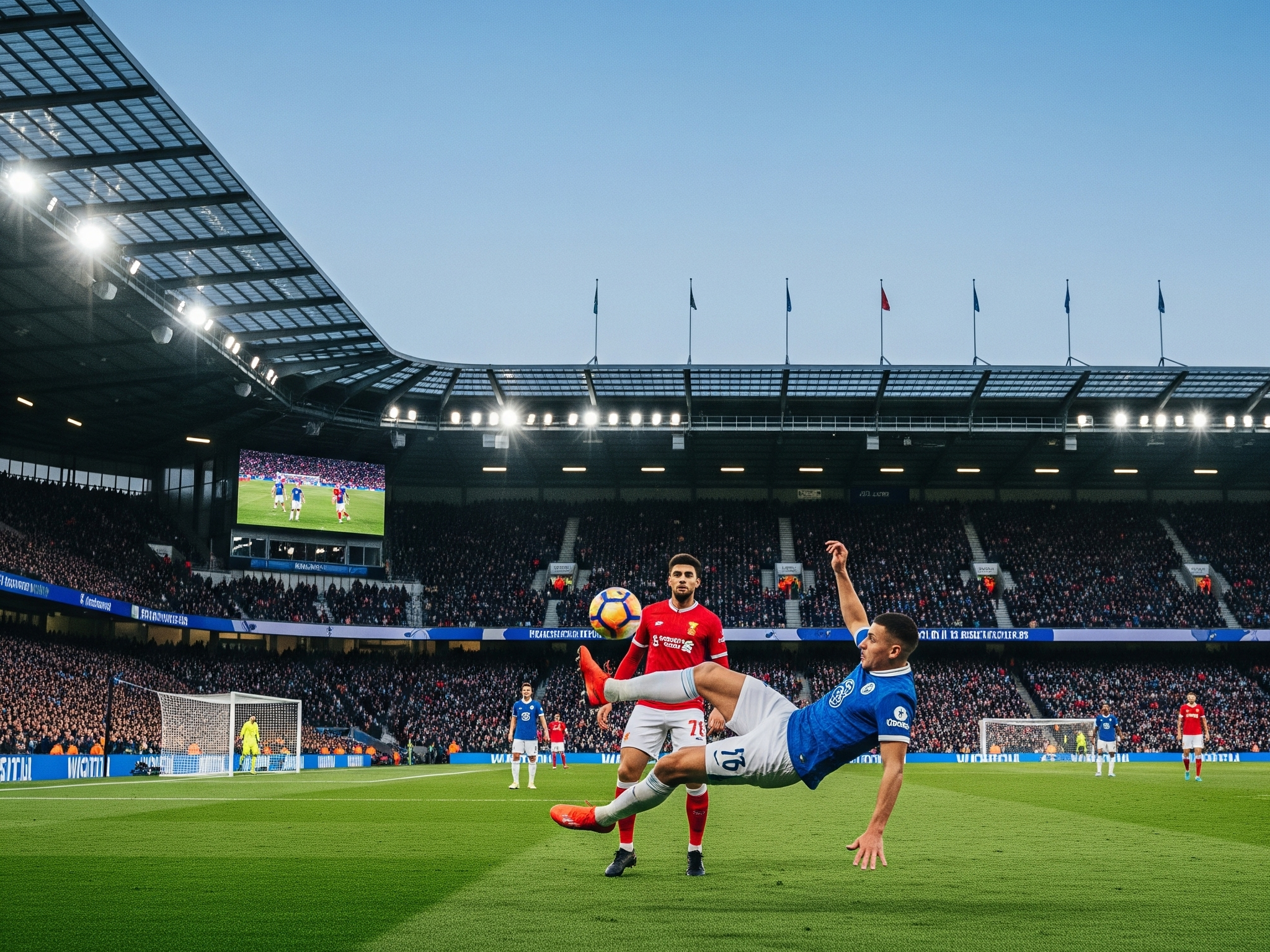 An energetic shot of a soccer stadium during a night match, with players in mid-action on a brightly lit field, and the stands filled with a cheering crowd, capturing the essence of an exclusive access sporting event experience.