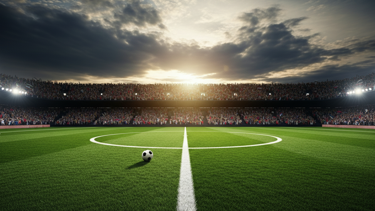 A vibrant, wide-angle shot of a soccer stadium from the field level, with a single ball on the center line, packed with cheering fans under a dramatic sky at sunset, conveying the exciting atmosphere of football hospitality.