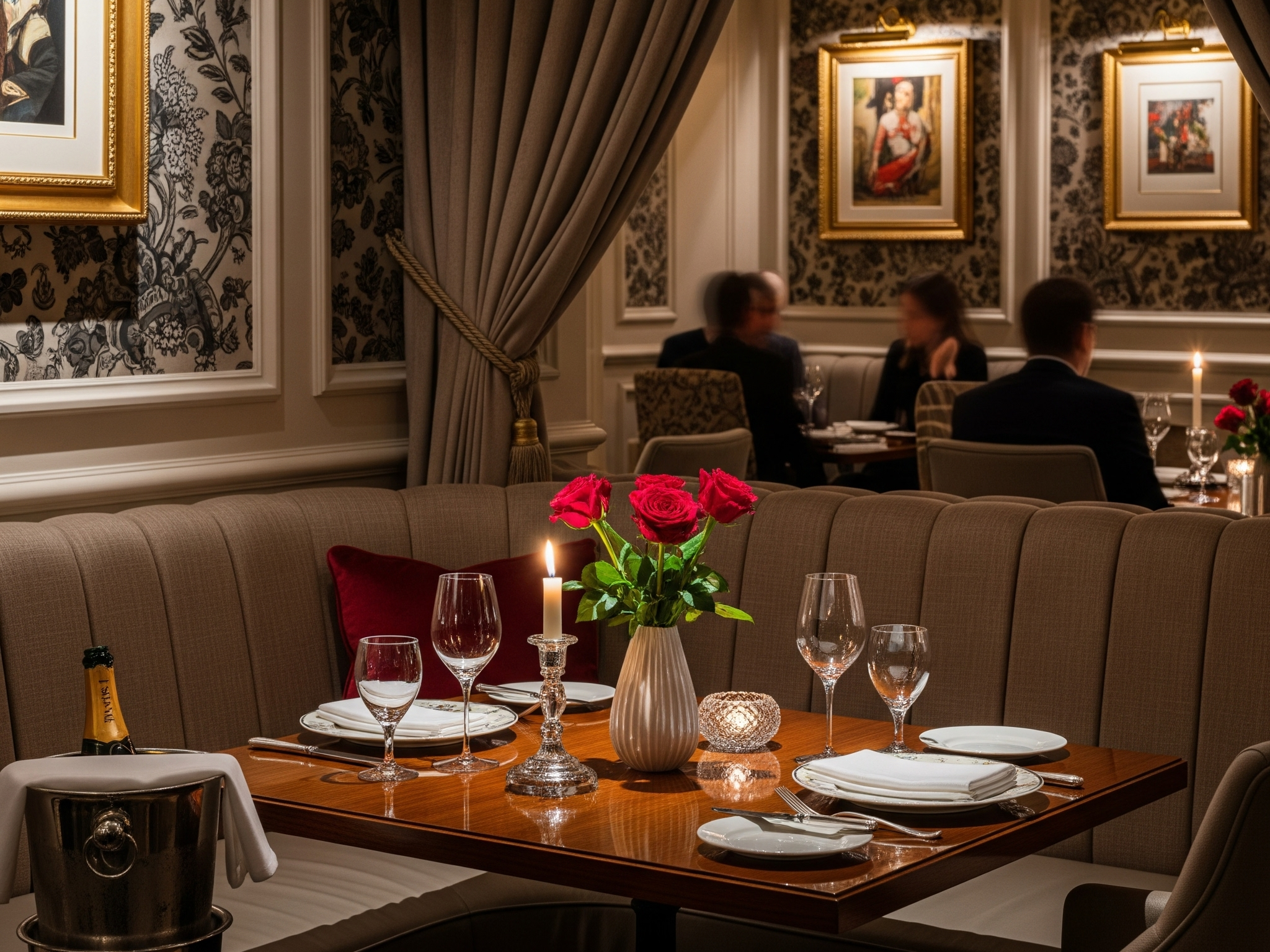 A secluded and romantically lit corner in a luxurious fine dining in Las Vegas, reminiscent of high-end establishments, with a beautifully set table for two, plush seating, a bucket of champagne, a vase of red roses, and a glowing candle, creating an intimate atmosphere.