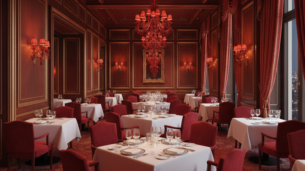A grand, scarlet-themed luxury restaurant interior, empty of people, featuring elegantly set individual tables with white tablecloths, plush red chairs, and ornate red chandeliers, showcasing an ideal setting for fine dining in Las Vegas.