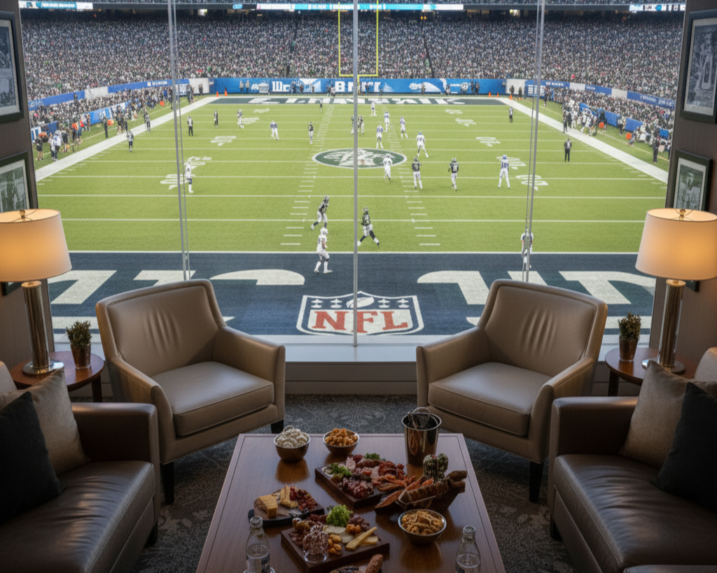 A luxurious, elevated lounge suite overlooking an NFL London 2025 game in progress. Through the large panoramic window, the football field is visible below, showing players on the green turf with stadium seating filled with spectators in the background