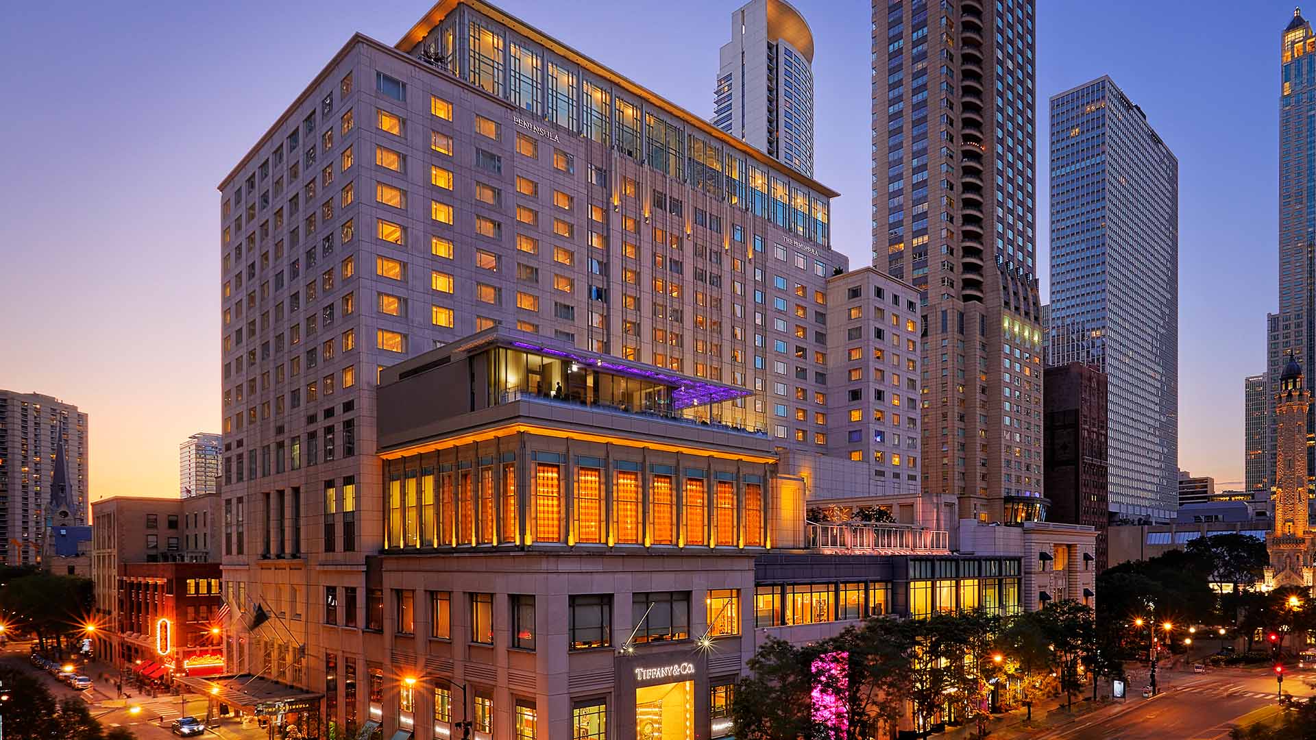 The Peninsula Chicago luxury hotel exterior located in downtown Chicago, known for its five-star service and elegant design