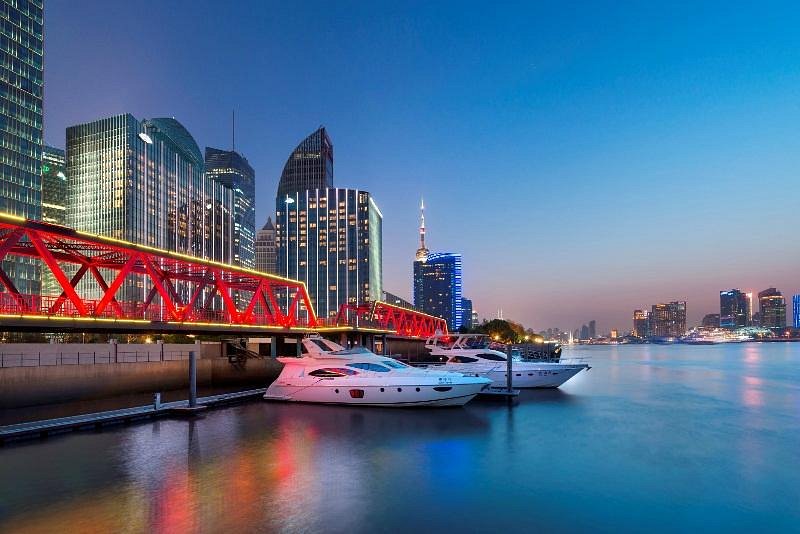 Mandarin Oriental Pudong Shanghai skyline view with Huangpu River and modern glass tower