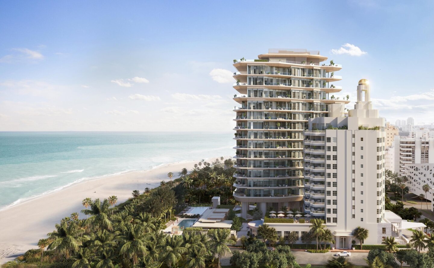 Aman Miami Beach luxury oceanfront resort with minimalist architecture, palm-lined pool, and serene coastal atmosphere
