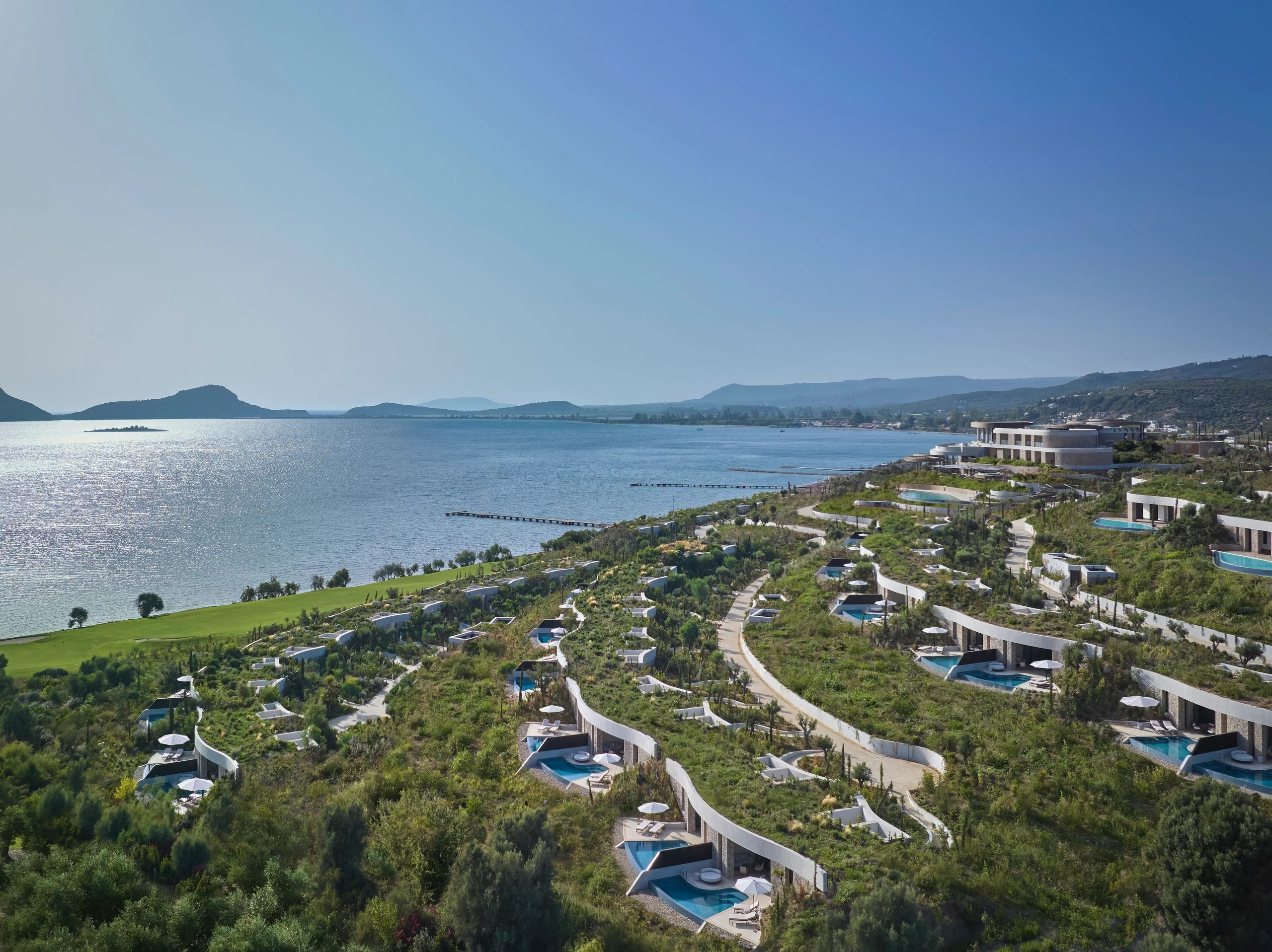 Mandarin Oriental Costa Navarino luxury resort overlooking the Greek coastline with elegant architecture and sea views