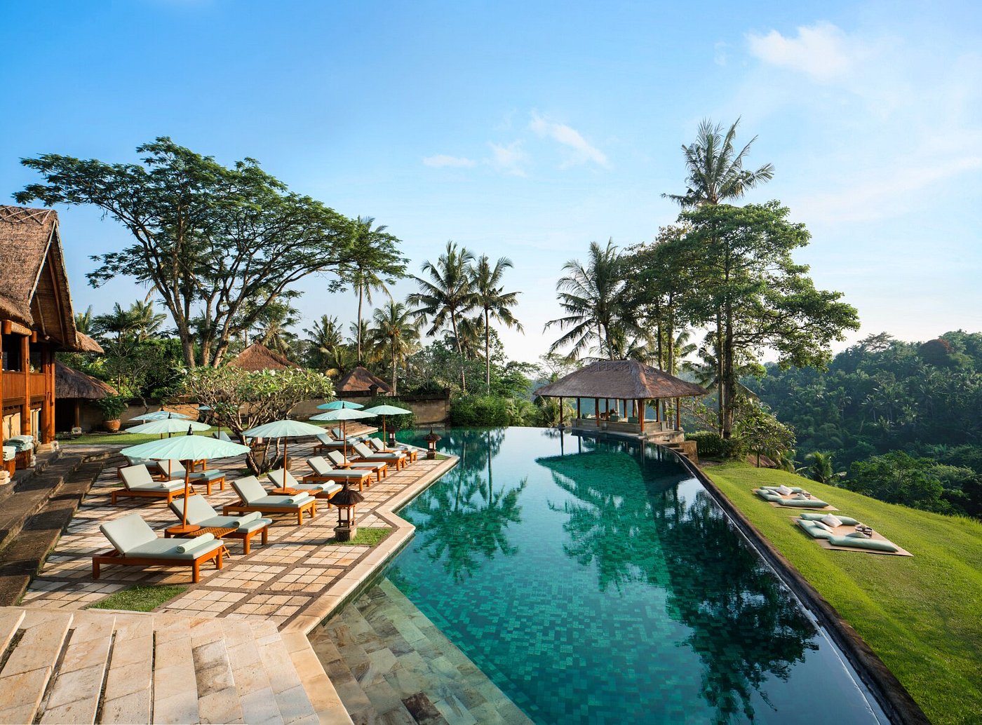 Amandari resort in Bali Indonesia overlooking lush Ayung Valley with traditional Balinese architecture and serene tropical landscape
