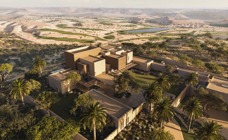 Amansamar luxury desert resort in Saudi Arabia blending traditional Saudi architecture with elegant modern design set against a serene desert landscape